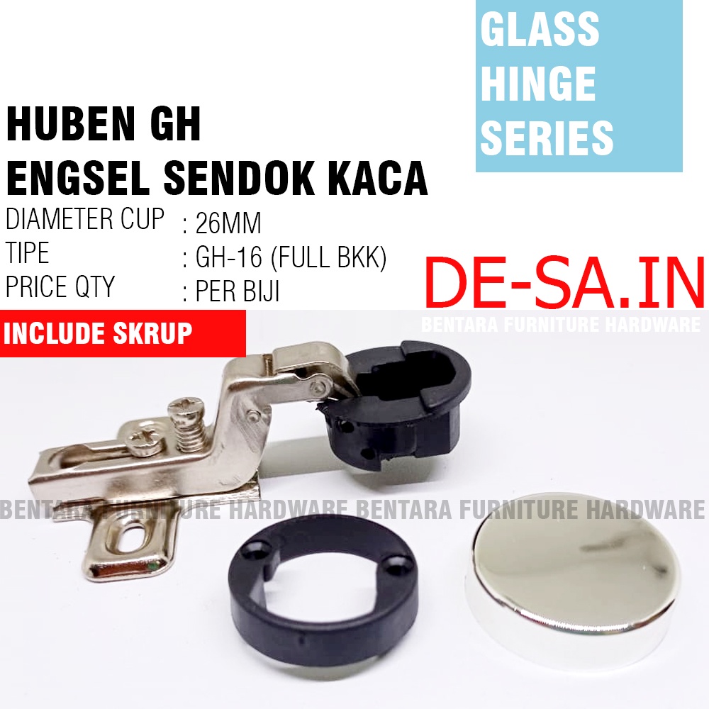 HUBEN GH SERIES - 26 MM ENGSEL KACA PINTU ENGSEL SENDOK STANDAR GLASS HINGE - GH-0 GH-16 LURUS FULL BUNGKUK INSET FULL OVERLAY