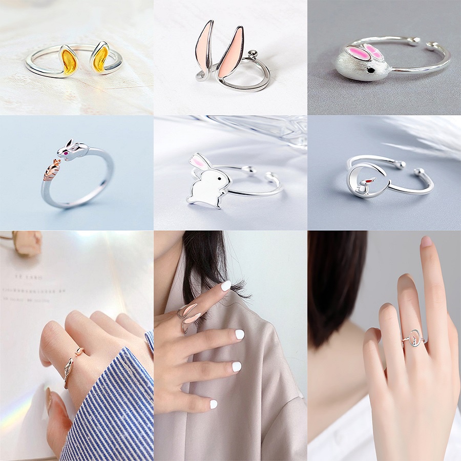 Bunny rabbit ears moon painting oil not rusty waterproof open ring cute ring Korea fashion jewelry accessories factory wholesale in stock