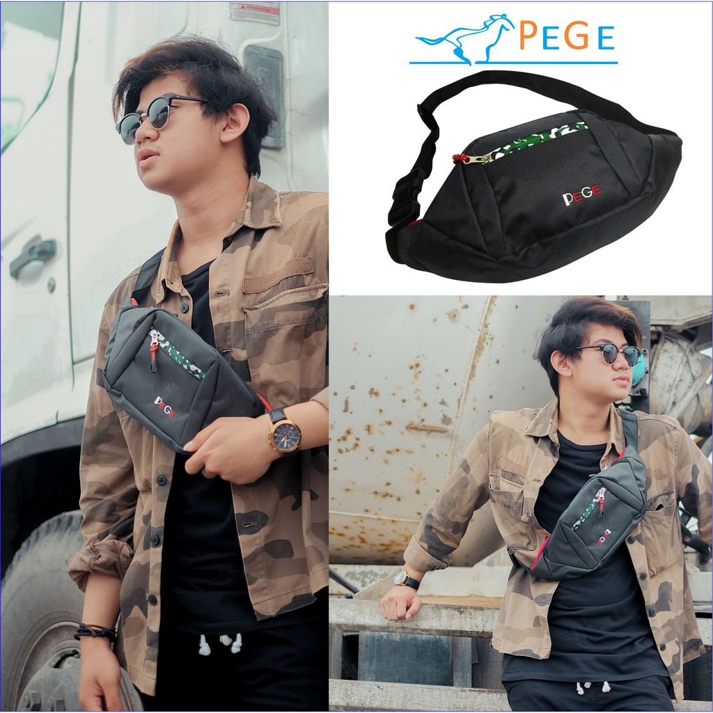 PG 8807 - Tas Waistbag Oval Bisa Untuk Tas Pinggang Model Polos Kombinasi Resleting Doreng Tebal