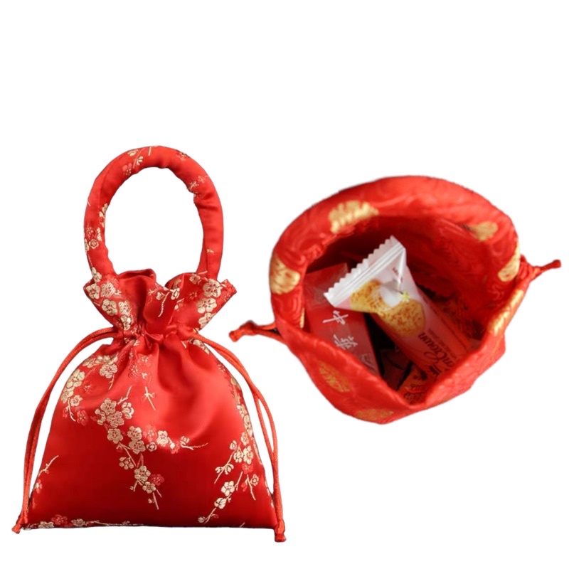 Tas Pouch Sangjit Tas Serut Chinese Wedding Teapay Tea Ceremony Lamaran China Shangjit Pernikahan Nikahan Shuangshi Merah Emas