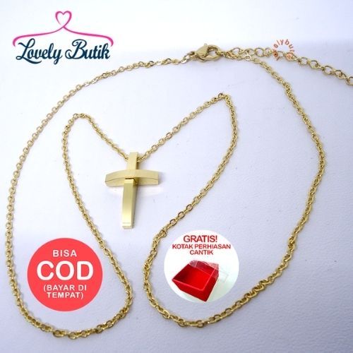 Lovelybutik - Kalung Salib Titanium Anti Karat Divine New  Kalung Titanium Wanita Ukuran 45 cm Warna Silver BONUS KOTAK PERHIASAN