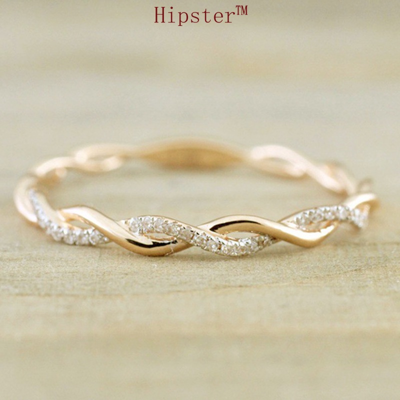 Simple and Versatile Fashion Diamond-Embedded Wave Pattern Fine Rose Golden Ring