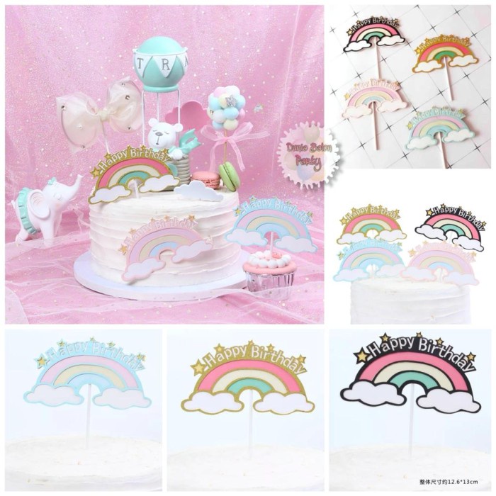 Cake Topper Happy Birthday Awan Pelangi / Tusukan Kue HBD Karton