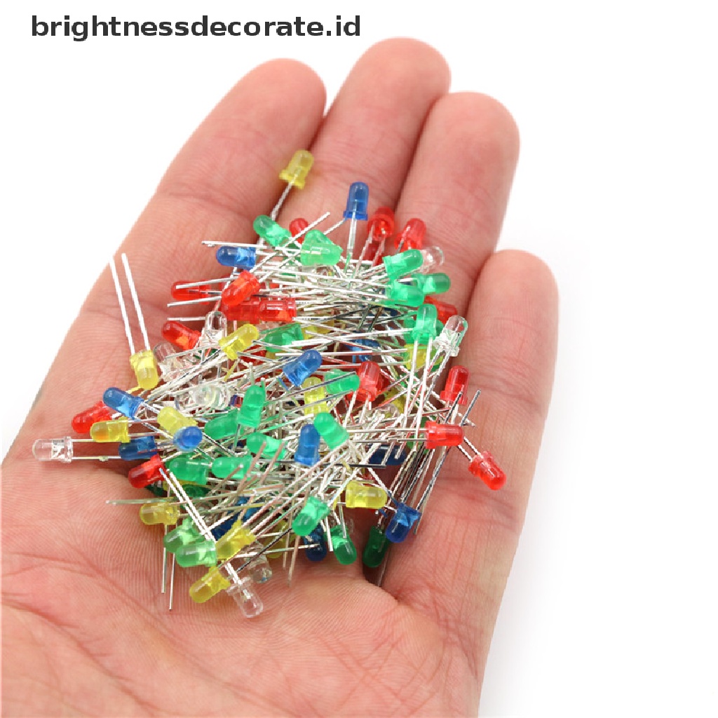 100 Pcs / Set Dioda Pemancar Cahaya Led 3mm Warna Merah Hijau Putih Biru Kuning 20ma 2 Pin