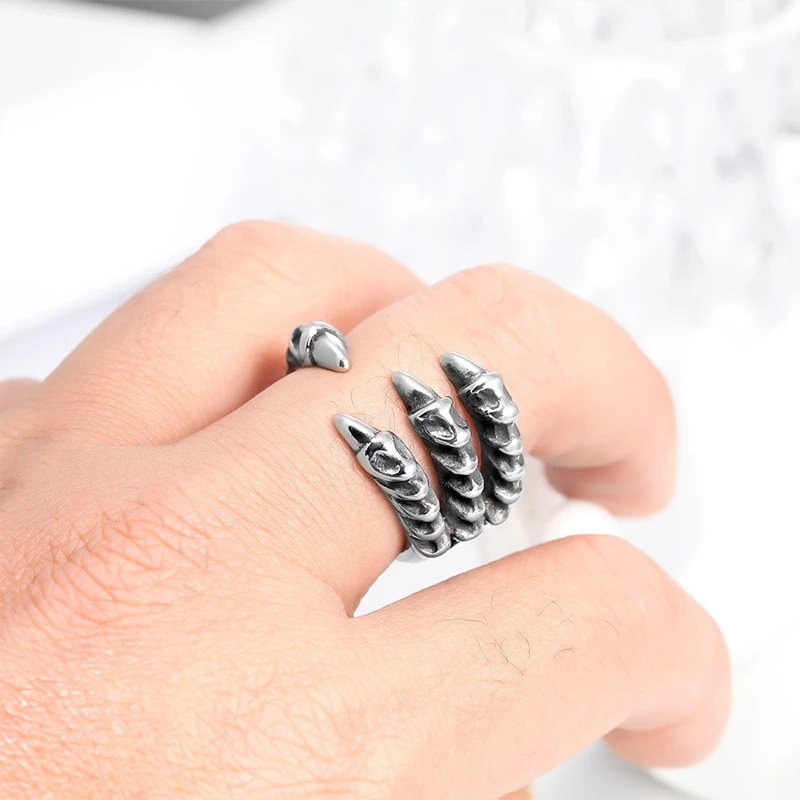 1 Pc Fashion Simple Creative Retro Hip-hop Style Silver Dragon Claws Design Adjustable Open Ring