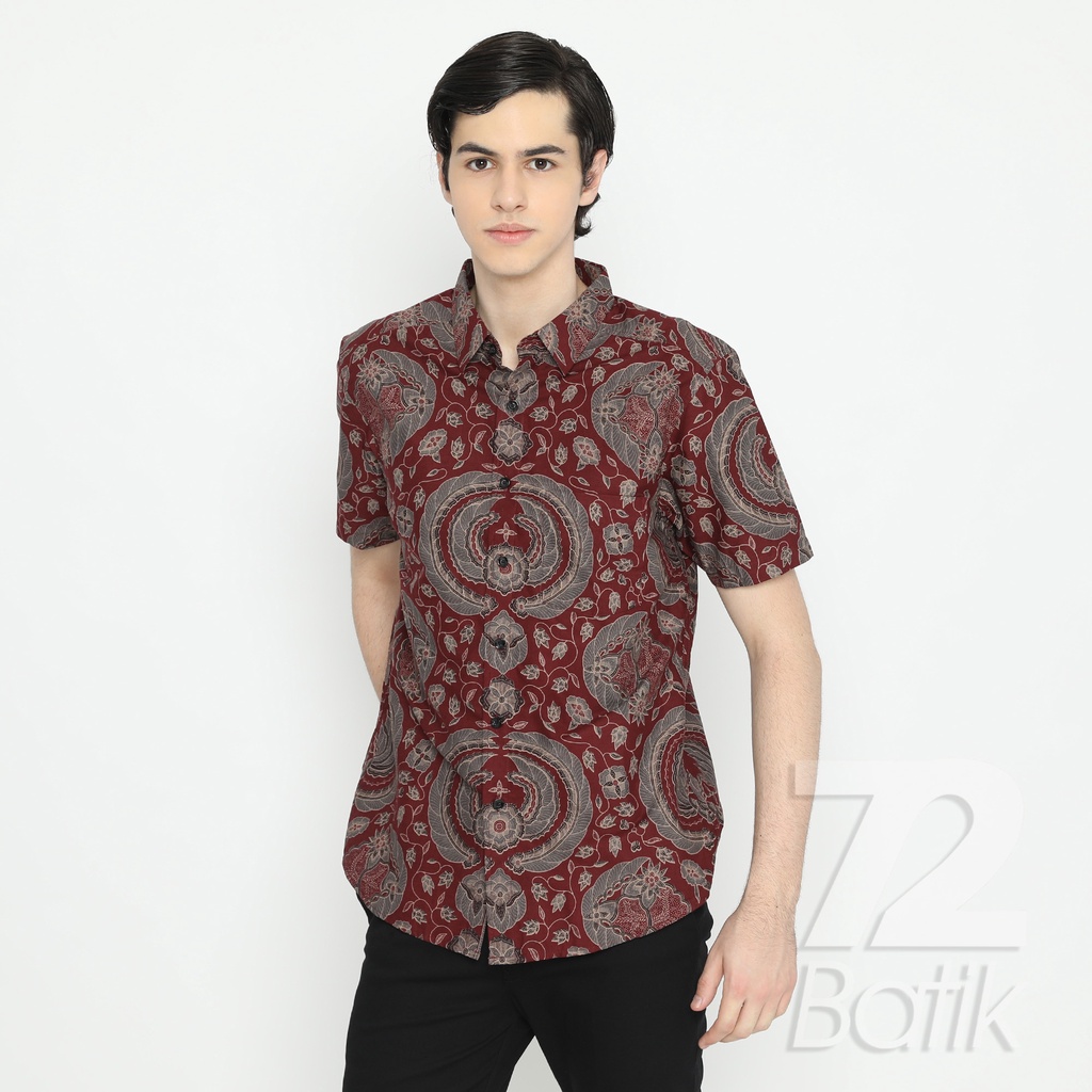 BATIK COUPLE MODERN Kemeja Rok Lilit Instan Batik Pria Lengan Pendek Premium Motif Babon Angrem Merah 721075 CAP 72