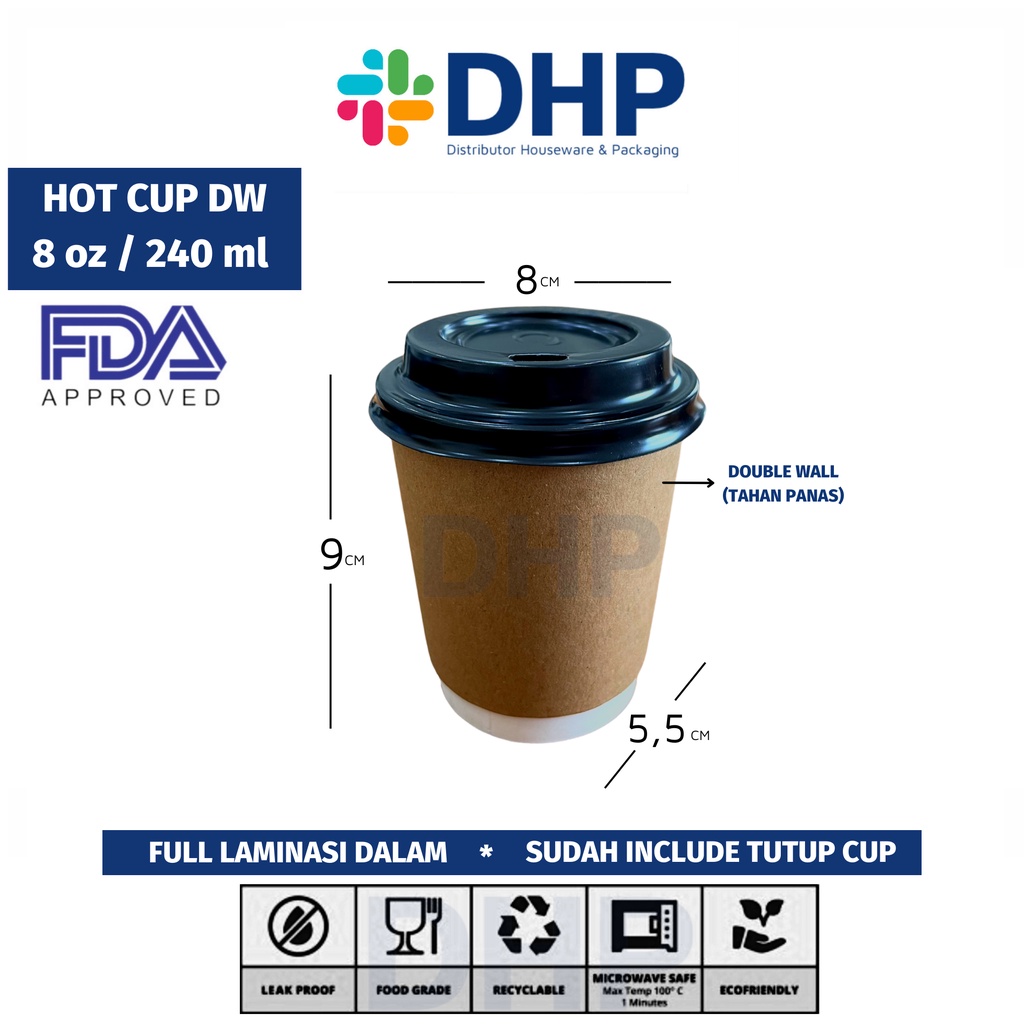 Hot Cup 8 oz (240ml) DOUBLE WALL + TUTUP Paper Gelas Kopi Tahan Panas Anti Bocor (MINIMAL ORDER 25 PCS)