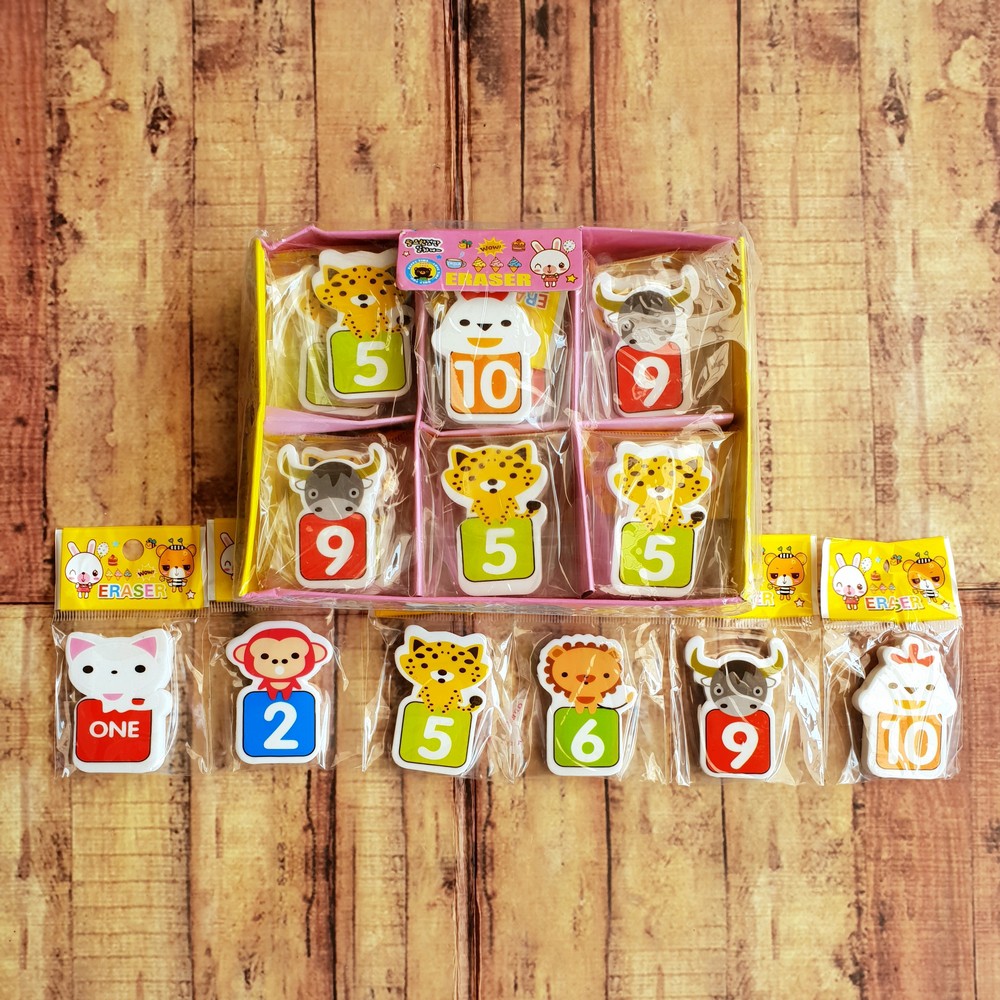 1Pak isi 30Pcs Penghapus - Setip Angka motif hewan - Soft Eraser Number ER-8013