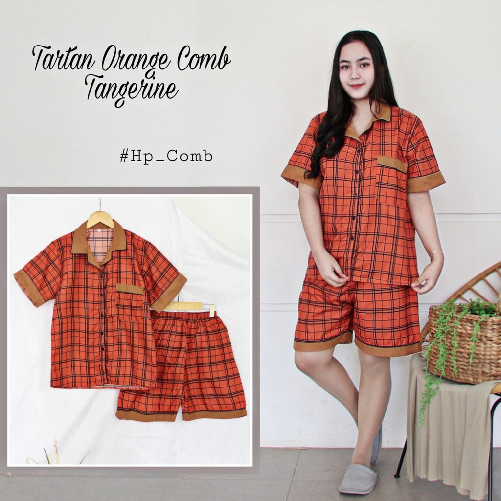 IZANY Piyama Dewasa Hotpant Combina Allsize / HP  Combina Saten Apple LD 100-TARTAN ORANGE C 038