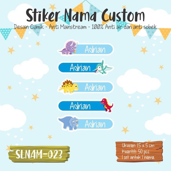 

terbatas sticker label nama anak dinosaurus cute lucu dino SLNAM-023 Murah