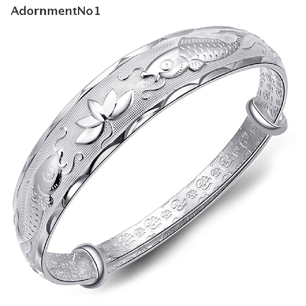 (AdornmentNo1) Gelang Tangan Silver Adjustable Motif Ikan + Bunga Teratai Untuk Perhiasan Wanita