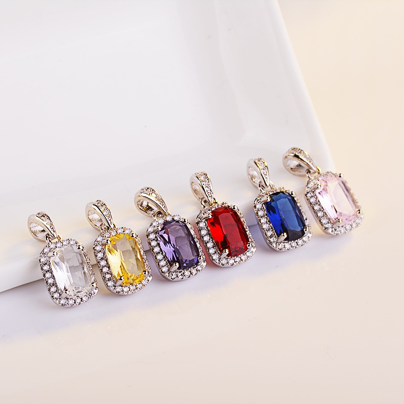 [Ready Stock]Fashion Square Princess Diamond Pendant Color Gemstone Necklace