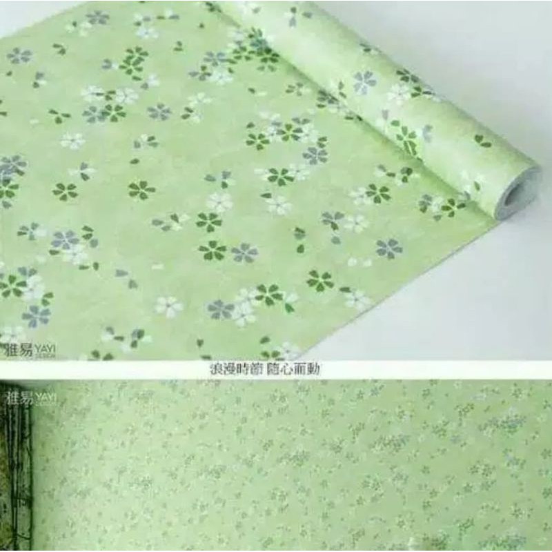 Wallpaper dinding 45cm x 10m Motif Daun Kecil Hijau Ungu Dasar Polos Hijau
