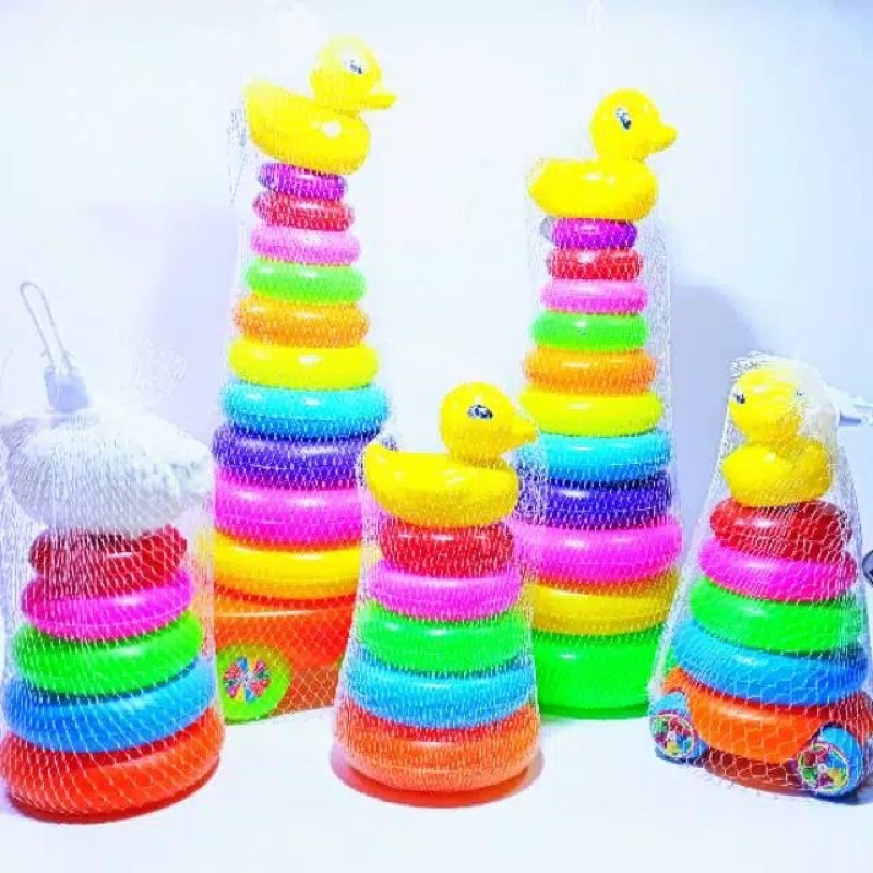MAINAN ANAK - MAINAN RING DONAT SUSUN RODA JUMBO / 4 TINGKAT / 12 TINGKAT BEBEK KUNING