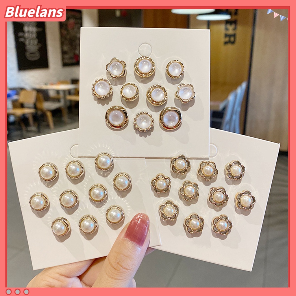 Bluelans 10Pcs / Set Bros Pin Kancing Bulat Desain Bunga Hias Mutiara Imitasi Aksesoris Wanita