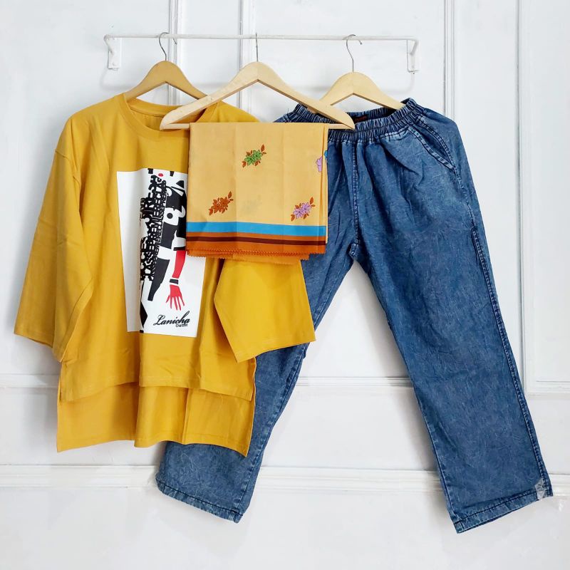 Set Kulot Jeans Wash Jevanni Kaos Combed Oversize JVN