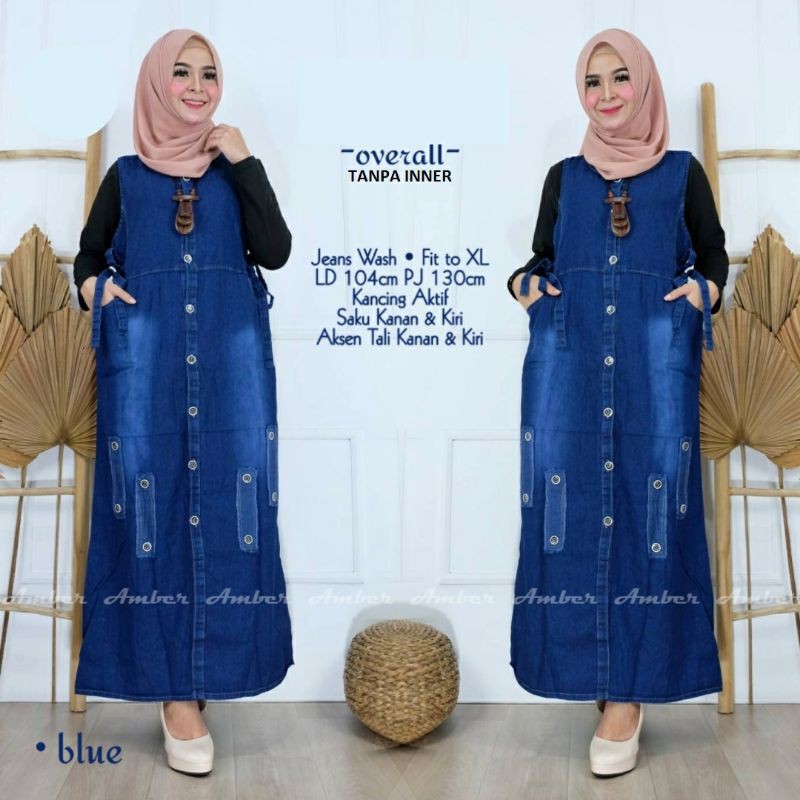 Cala Overall Jeans Cewek LD 104 Fit XL Baju Kodok Rok Panjang Wanita Dewasa Tali Pinggang