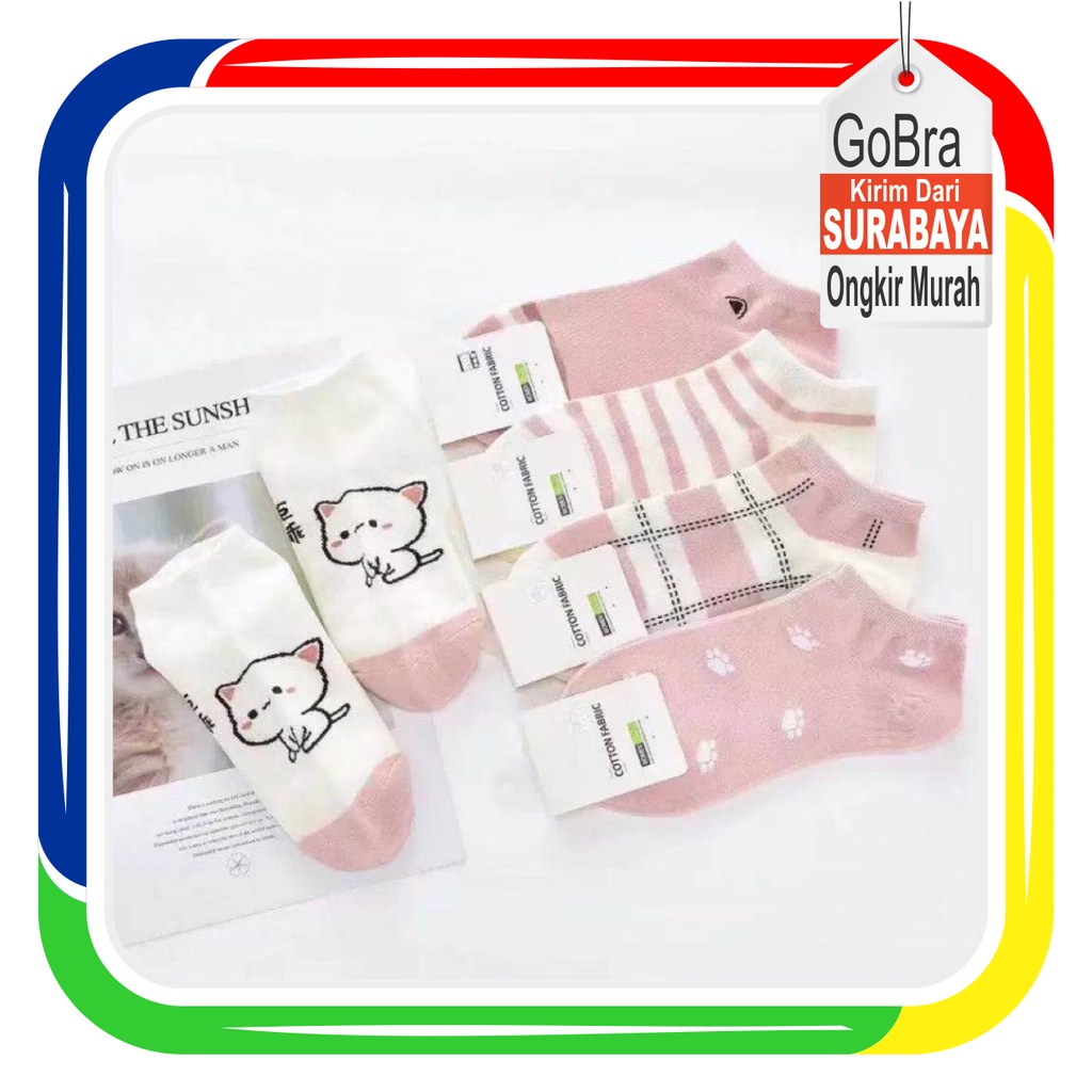 Gobra ♕ KK023 Kaos Kaki (Tanpa Kemasan) Wanita Tipis Pendek Semata Kaki Motif Pink Cat Kucing Meow Fashion Korea Women Sock Import Murah