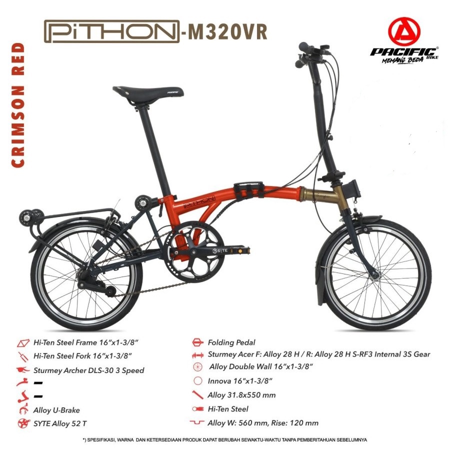 Sepeda Lipat Pacific STEEL PITHON M320VR 1x3 MD 16 Inch Garansi SNI-2