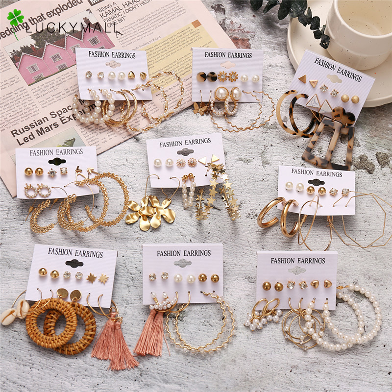 Set Anting Rumbai Desain Kupu-Kupu Bunga Geometris Aksen Mutiara Bahan Logam Gaya Retro Untuk Wanita