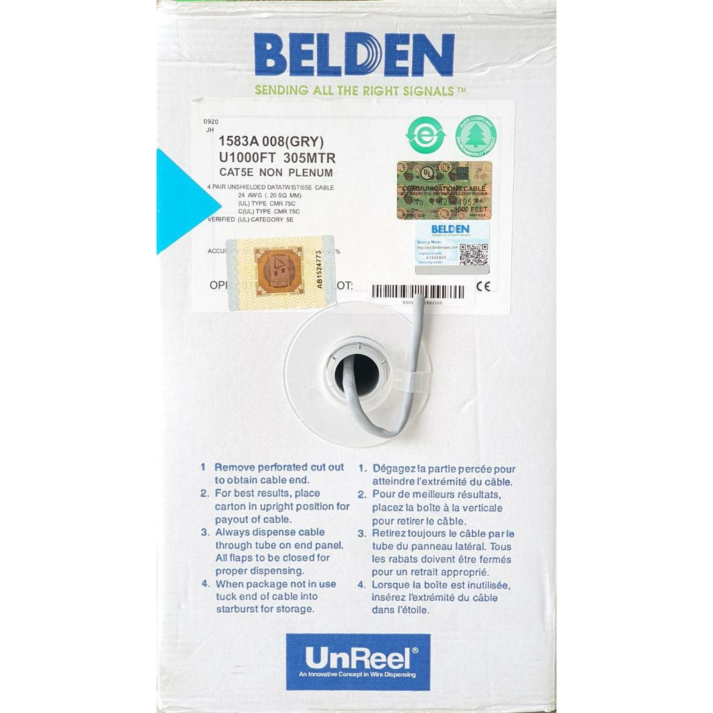 Cable lan roll belden 305m cat 5 5e utp 24awg 10/100Mbps indoor 1583a original - Kabel internet rj45 cat5e 305 meter 1000ft