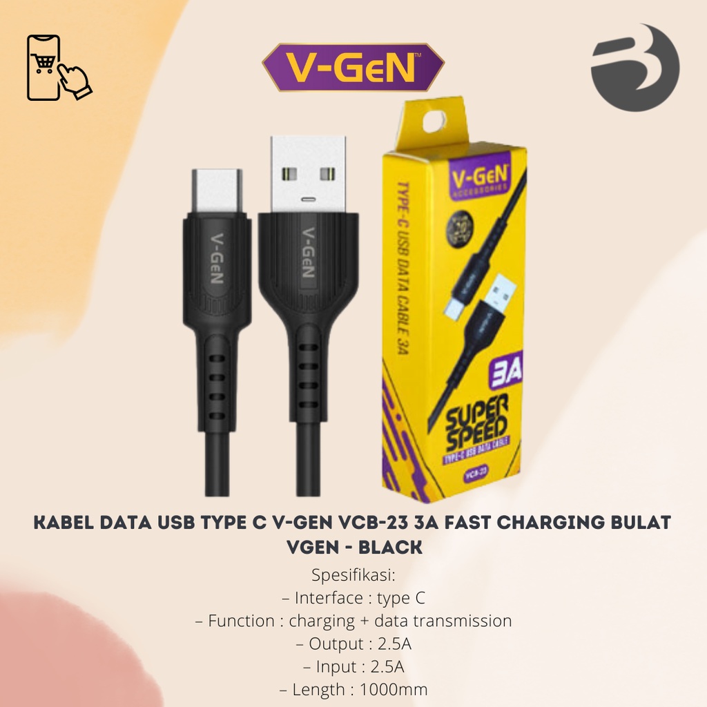 Kabel Data USB Type C V-GeN VCB-23 3A Fast Charging Bulat VGEN
