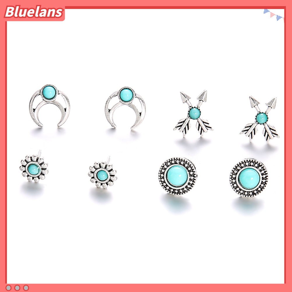 4 Pasang Anting Stud Desain Bunga Panah Turquoise Tiruan Untuk Wanita