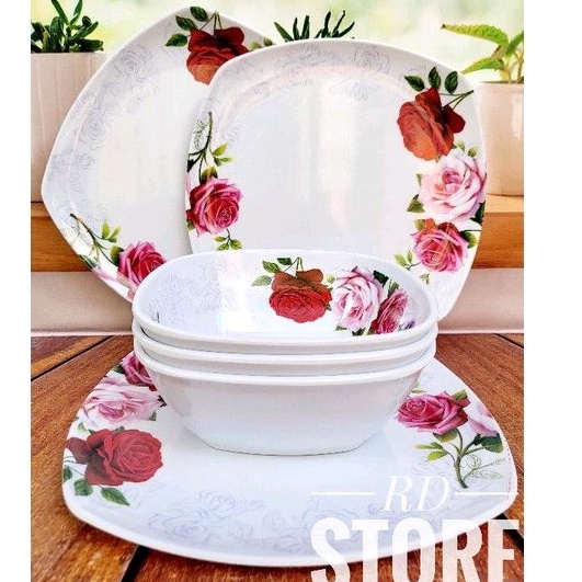 PROMO SET 6.PCS / ISI 3.PIRING &amp; 3.MANGKOK MOTIF ROSE MELAMINE