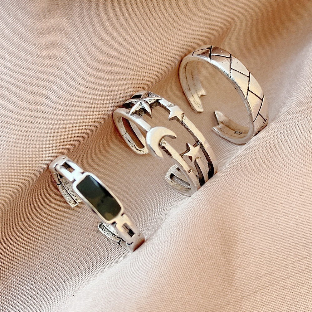 3pcs / Set Cincin Model Terbuka Bahan Metal Desain Geometri / Bulan / Bintang Adjustable Untuk Wanita