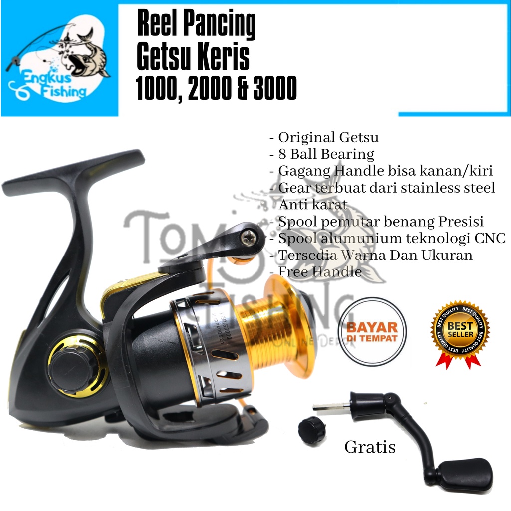 Reel Pancing Getsu Keris 1000, 2000 &amp; 3000 (8 Bearing) Bonus Handle Alumunium Spool - Engkus Fishing