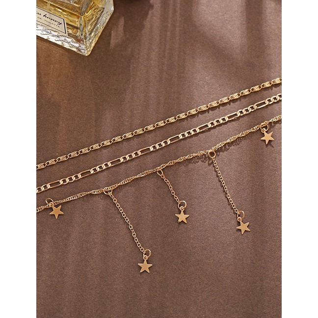 LRC Kalung Fashion Golden Pentagram Three-layer Alloy Necklace K36020