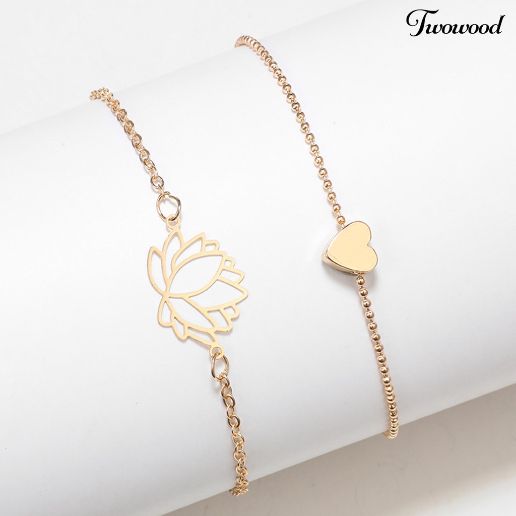 Twowood 2Pcs/Set Lotus Pendent Hollow Out Women Anklets Double Layered Heart Pendent Adjustable Chain Anklets Foot Jewelry