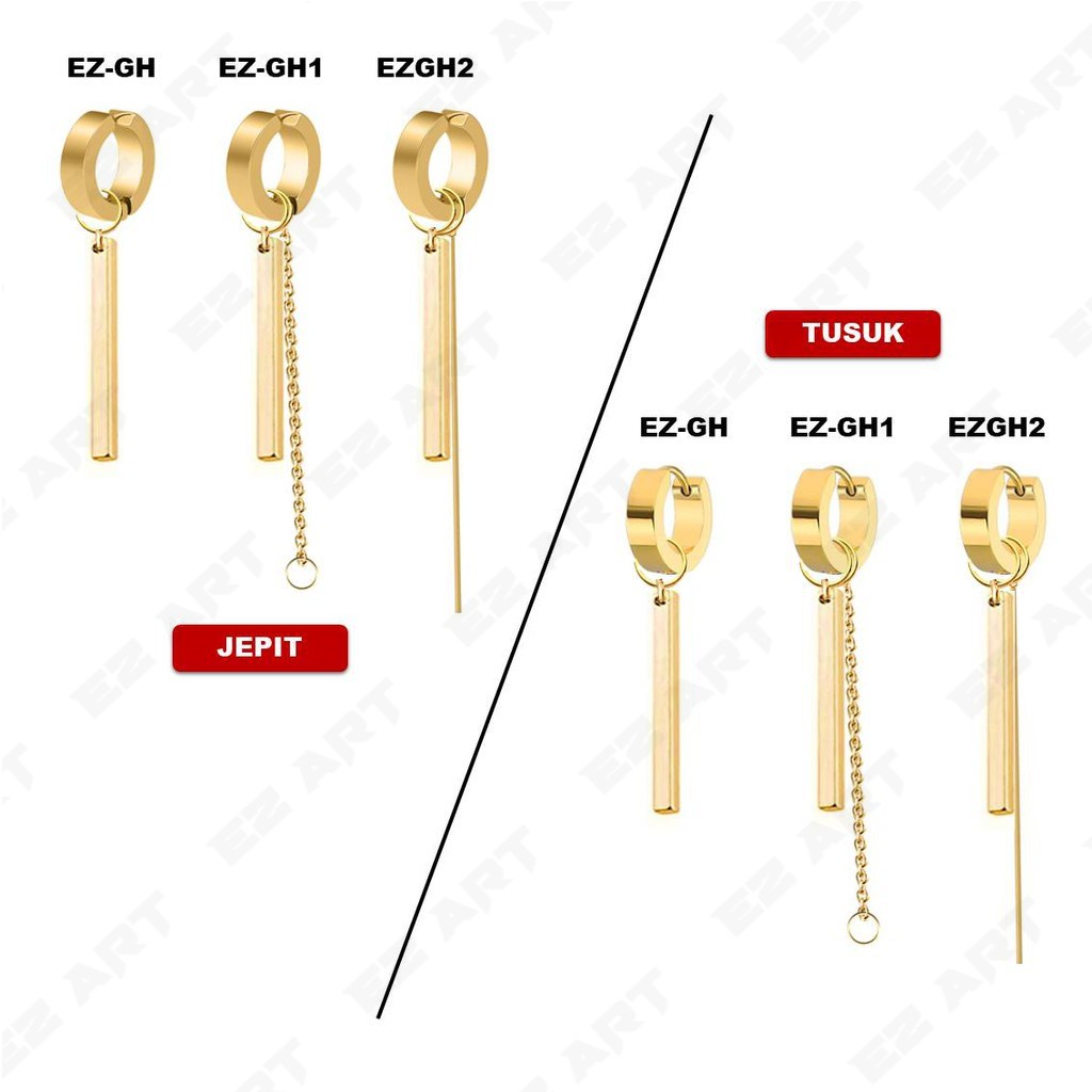 1Pc Model EZ-GH Gold Emas Stick Persegi Anting Fashion Pria dan Wanita Jepit Tusuk Variasi Bandul