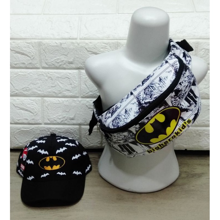 Tas Batman waterproof anti air 2in1 waistbag anak laki-laki tas dan topi bordir