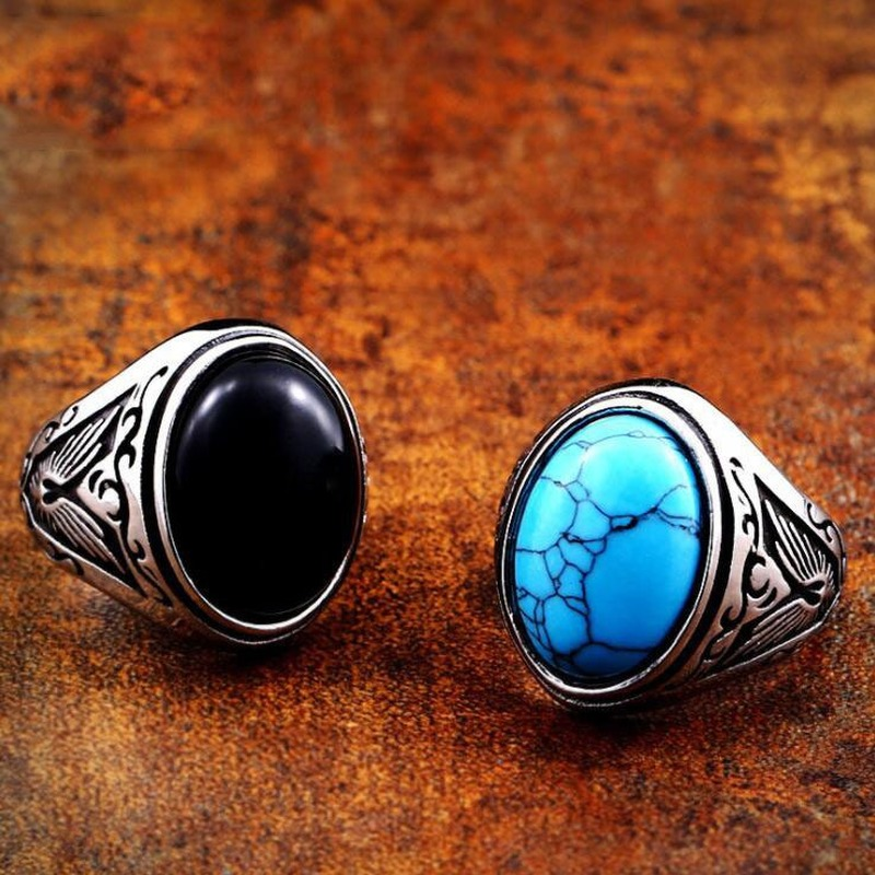 Turquoise &amp; Onyx Hitam Cincin Jari Perhiasan Fashion Punk Baja Titanium Perak Vintage