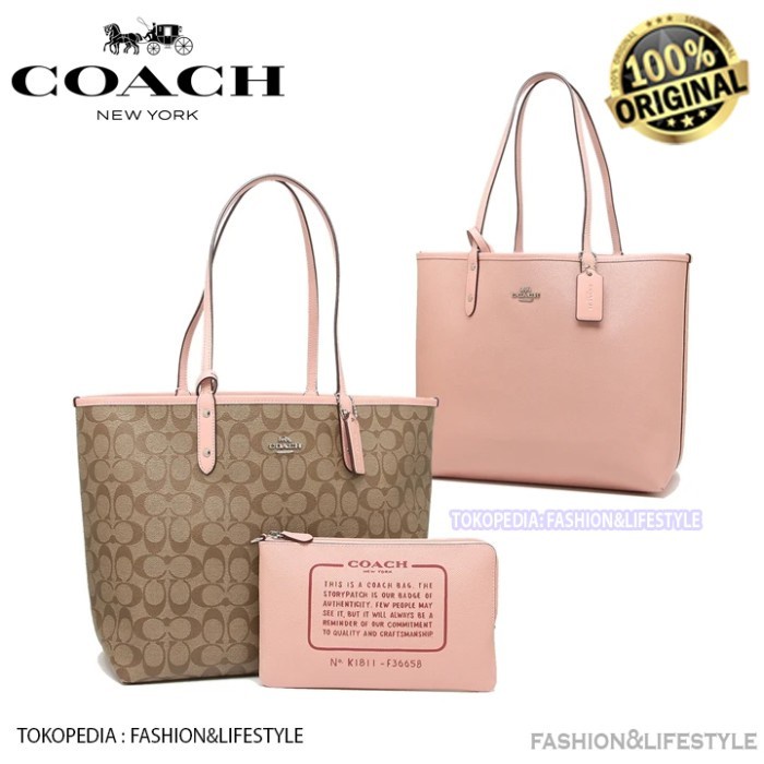 Terlaris (SPECIAL RAMADAN) COACH City Reversible Tote Bag Signature Khaki Pink