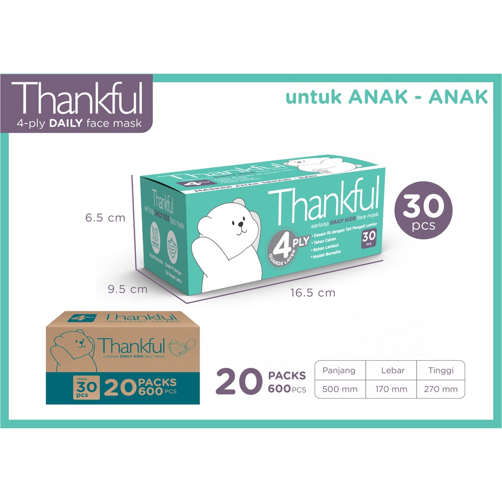 THANKFUL MASKER EARLOOP KIDS 4 PLY ISI 30