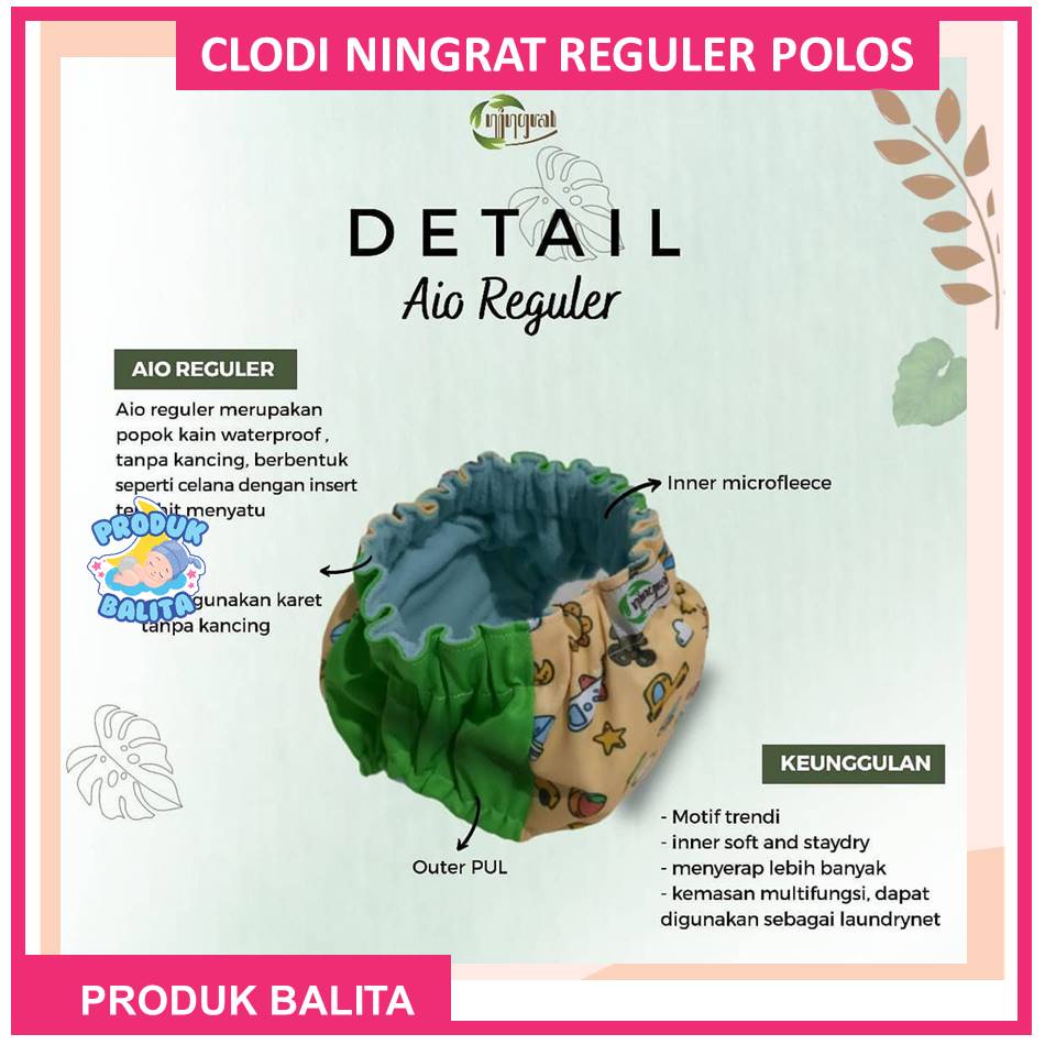 Paket Murah 3 Pcs Clodi Ningrat AIO Reguler  Motif Polos BB 5-17 Kg  Popok All In One Cuci Ulang