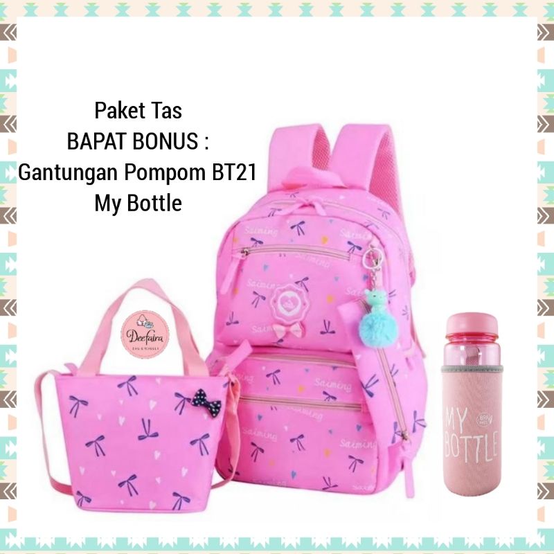 Paket Tas Sekolah Anak Perempuan Ransel Wanita Bonus Gantungan BT21 dan Mybottle