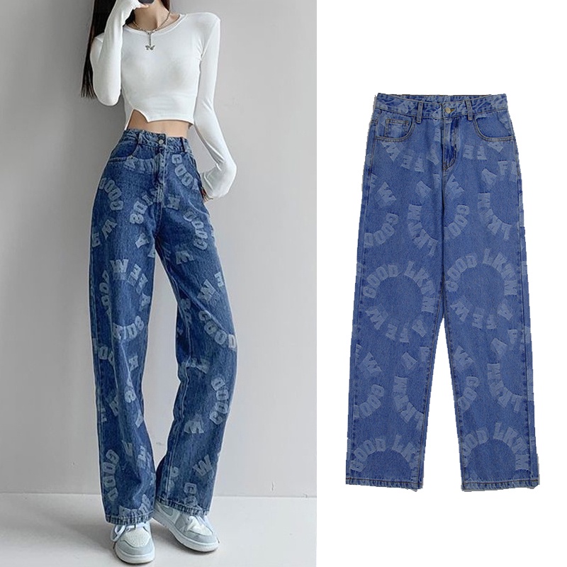 MOOGU ♡ Print high waist jeans celana panjang wanita korea cool girl