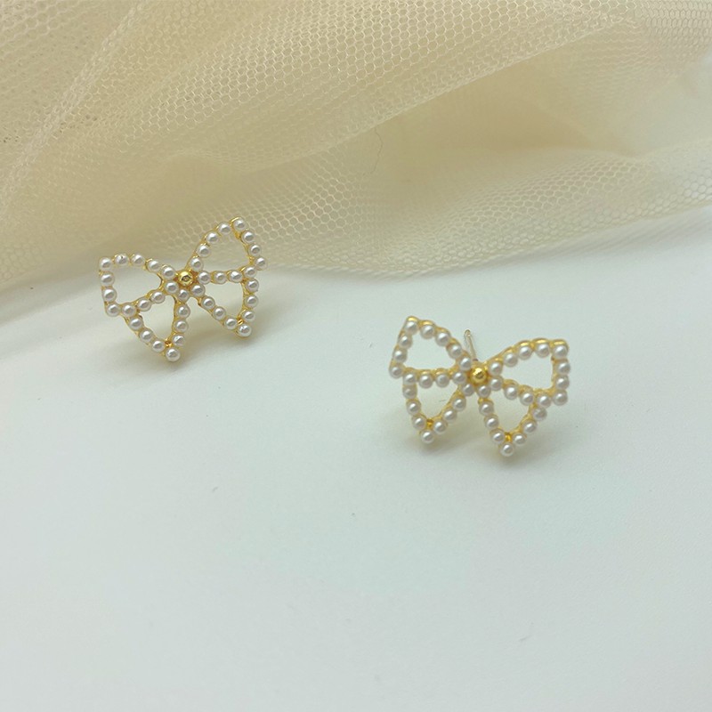 Anting S925 Silver Bentuk Pita Aksen Mutiara Gaya Korea