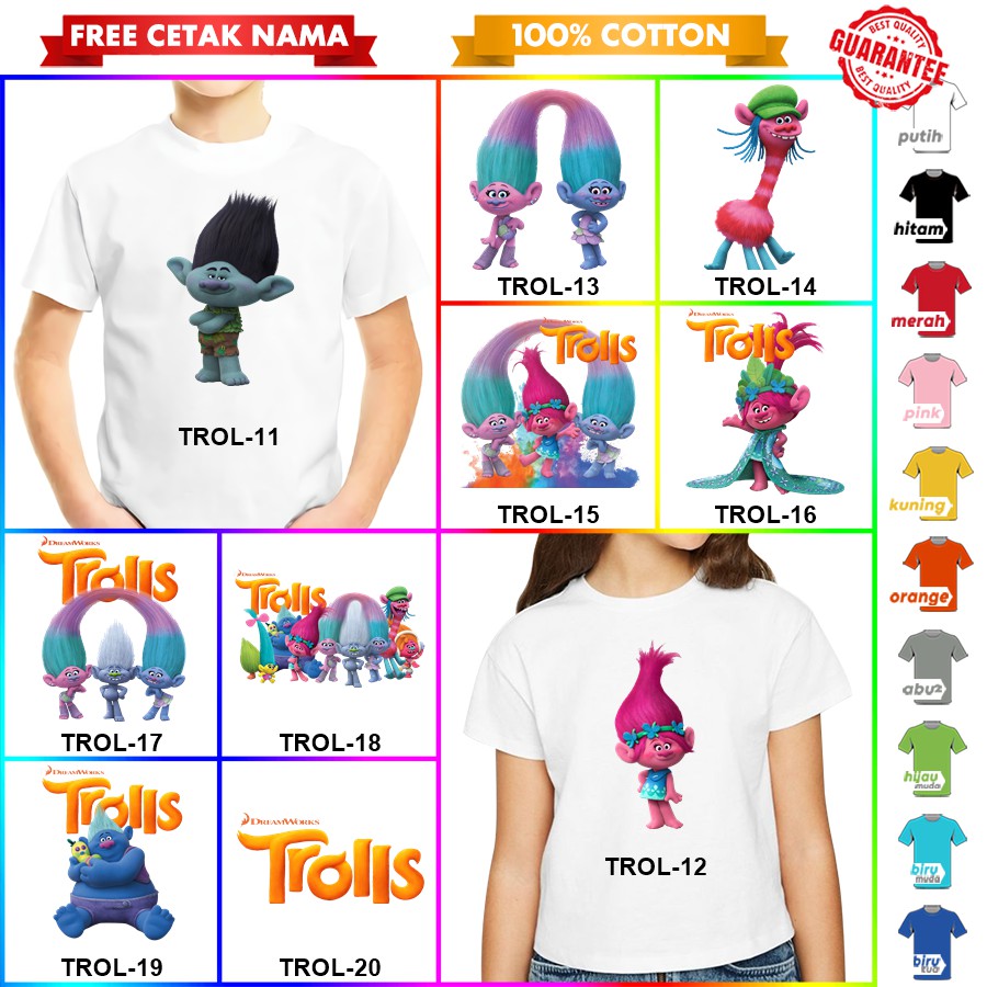 [FREE NAMA!!] Baju Kaos COUPLE  ANAK DAN DEWASA TROLL TROLLS BANYAK MOTIF