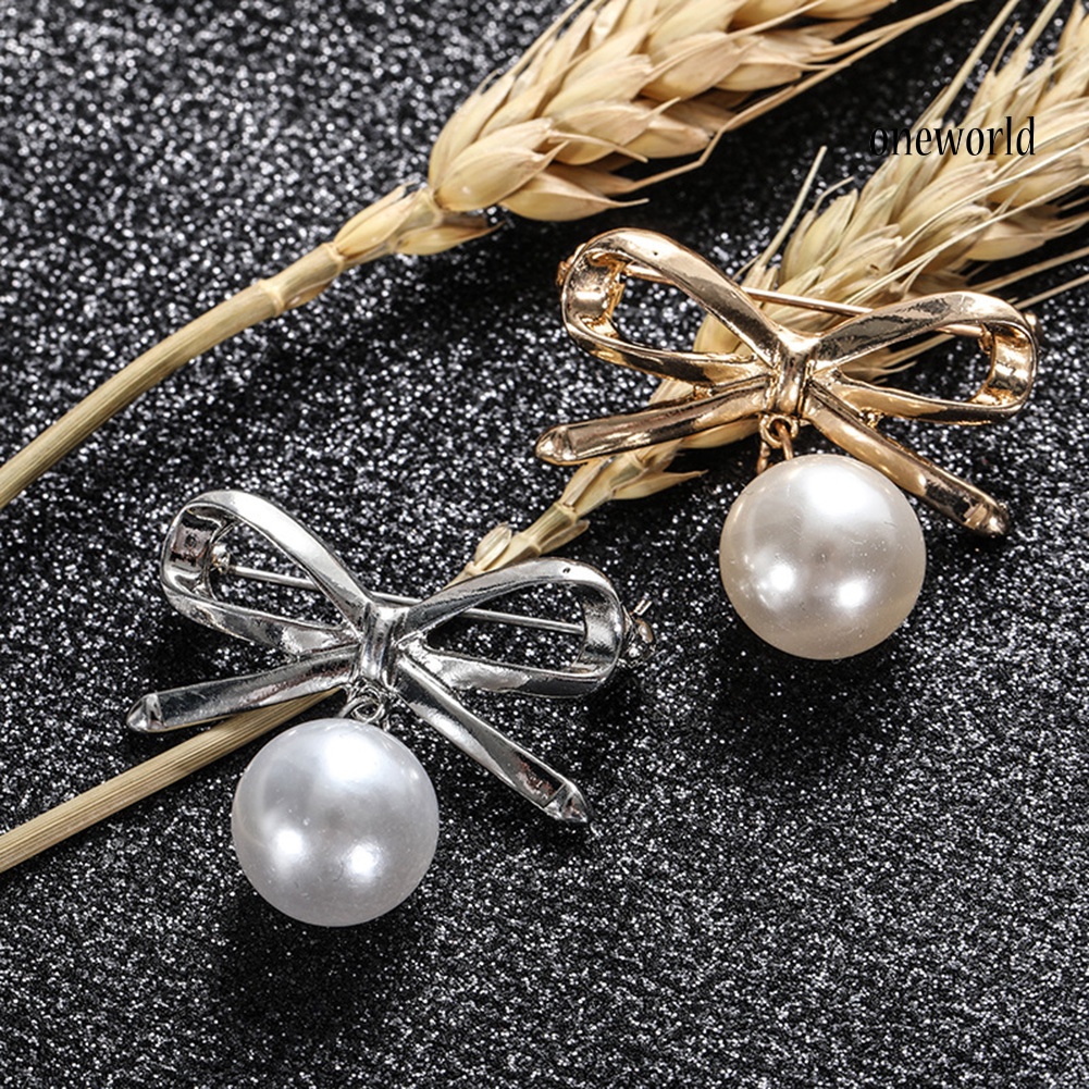 OW@ 2Pcs Women Lady Fashion Bowknot Big Faux Pearl Alloy Brooch Pins Jewelry Gift