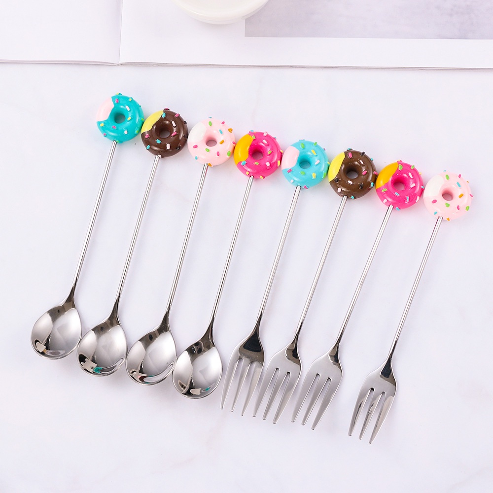 REBUY Doughnut Teaspoon High Quality Fruit Fork Coffee Spoon Ice Cream Kitchen Tool Creative Stainless Steel Fashion Sugar Stirring Spoon