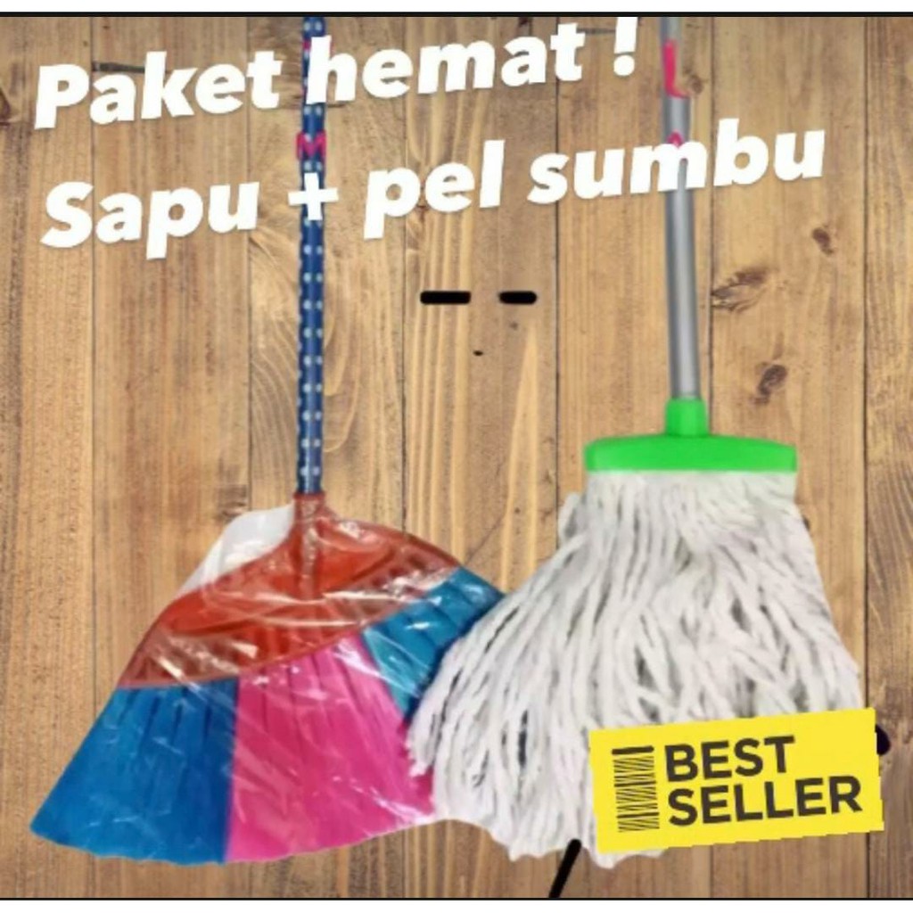 PAKET HEMAT 2 IN 1 SAPU SENAR DAN PEL LANTAI GAGANG KAYU