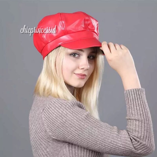 Newsboy cap leather topi newsboy hat topipet topi pet topi kulit red merah