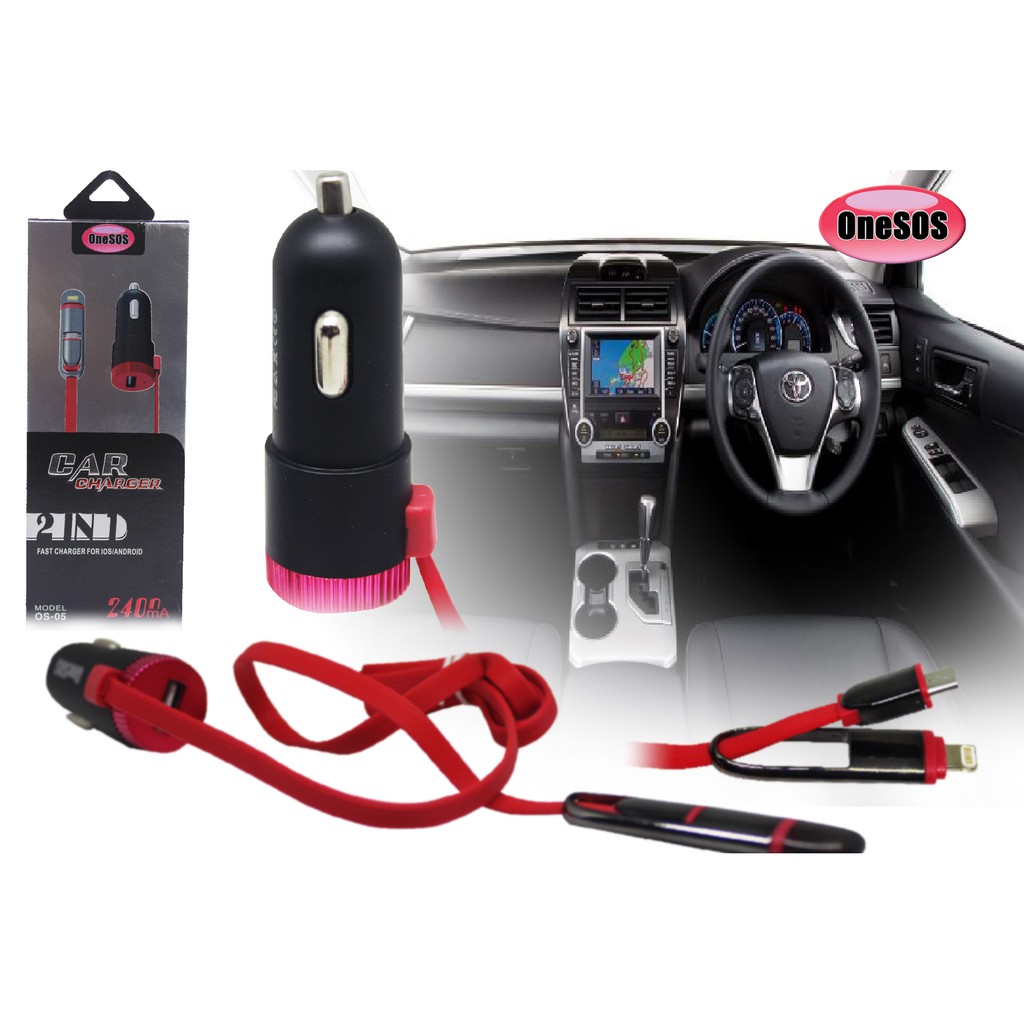 Car Charger 2 in1 - Android Micro USB Apple Lightning Cable OneSOS