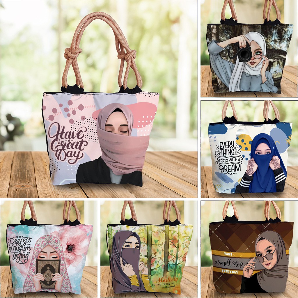 [GROSIR] Totebag Tali Sumbu Tas Wanita Hijab Kanvas Printing Gambar Muslimah Bandung Original