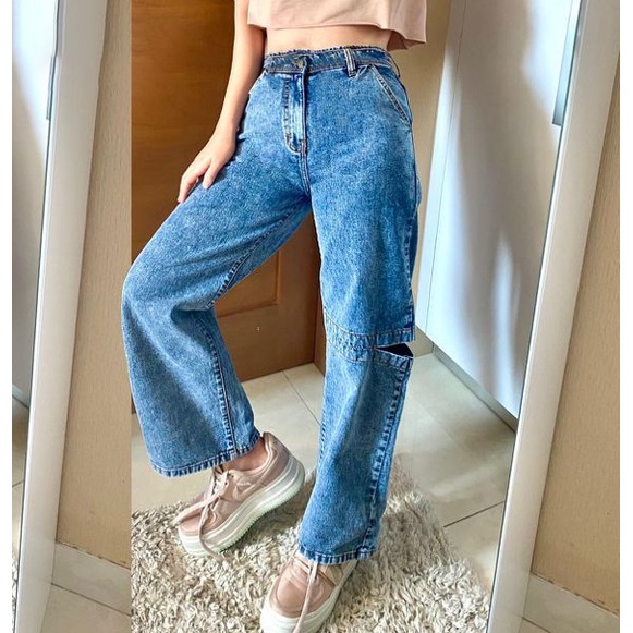 HOPYLOVY Celana Kulot Wanita Highwaist Boyfriend Jeans BF Sobek Claretta