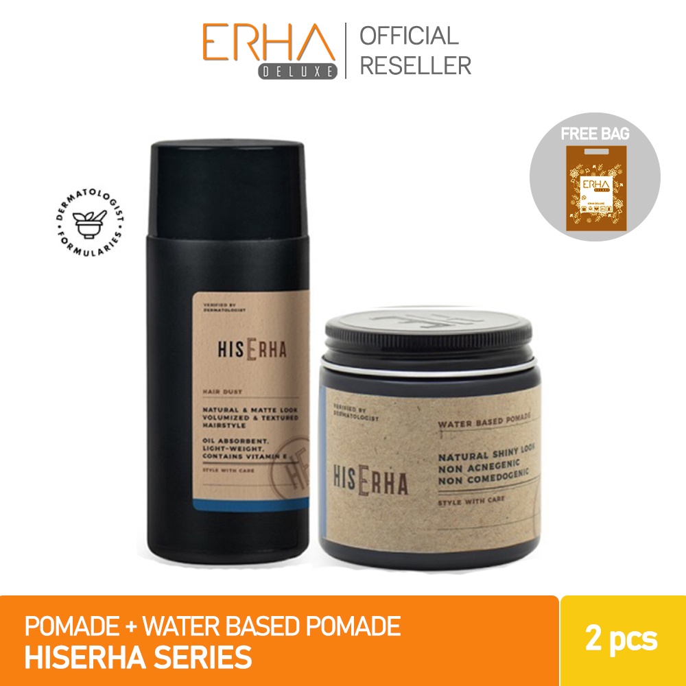 HIS ERHA Paket Pomade Pria Water Based + Powder Rambut Natural Look